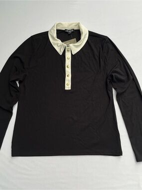 J.Crew Woman Black Refined Rib Long Sleeves Cream Collar Polo Shirt Size XL NEW